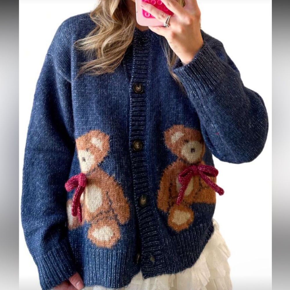 Blue Cardigan with Teddy Bear Design